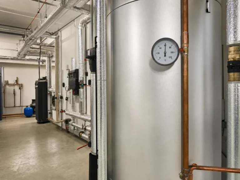 Illustrazione: bollitore dell'acqua calda in una centrale termica, con il termometro a circa 60 °C