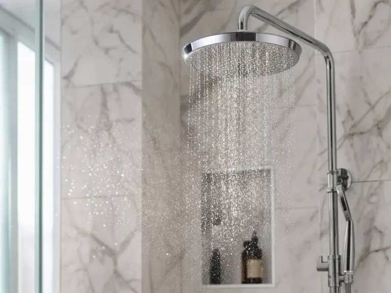 Illustrazione: soffione della doccia in un bagno d'albergo con l'acqua nebulizzata, la via con cui si trasmette la legionella